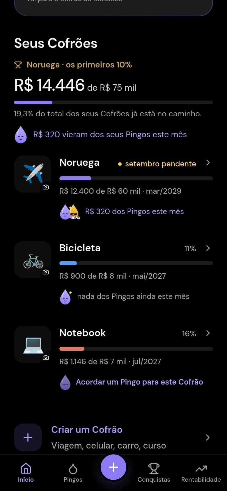 Os Cofrões na tela inicial: Noruega, Bicicleta e Notebook, cada um com a sua barra