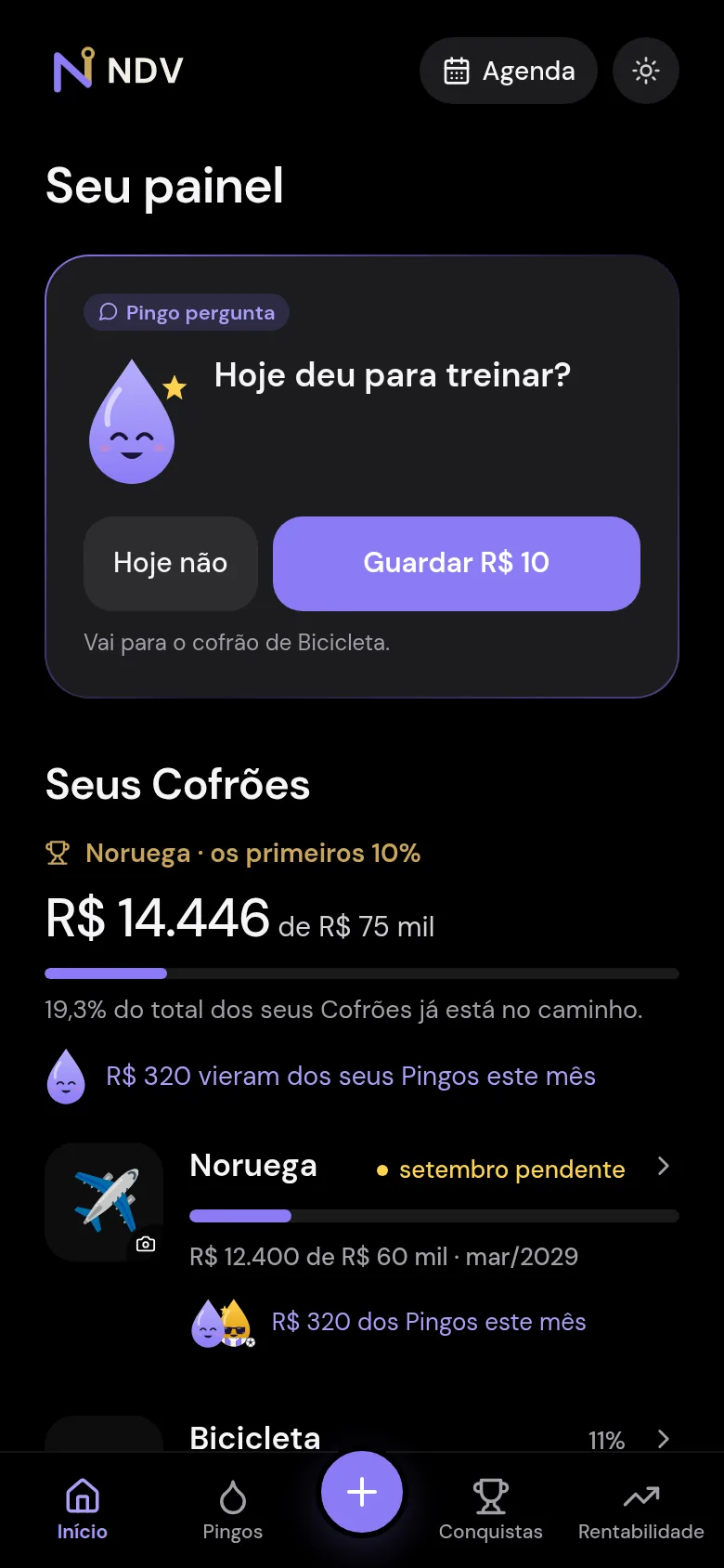 A tela inicial do NDV: o Pingo perguntando se hoje deu para treinar, e os Cofrões logo abaixo