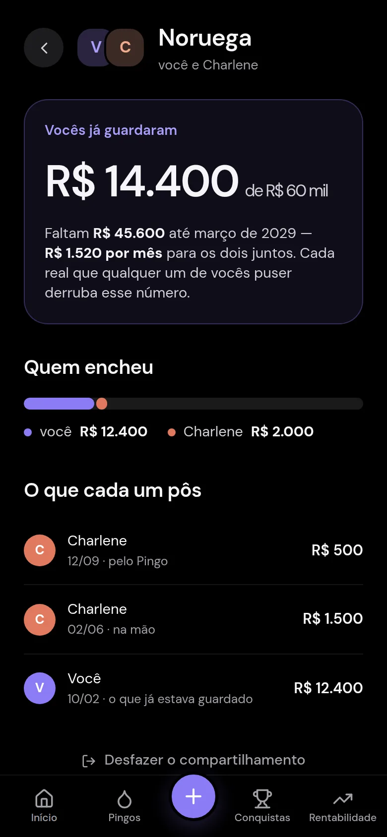 No app: o total dos dois, quanto cada um pôs e o extrato de cada depósito